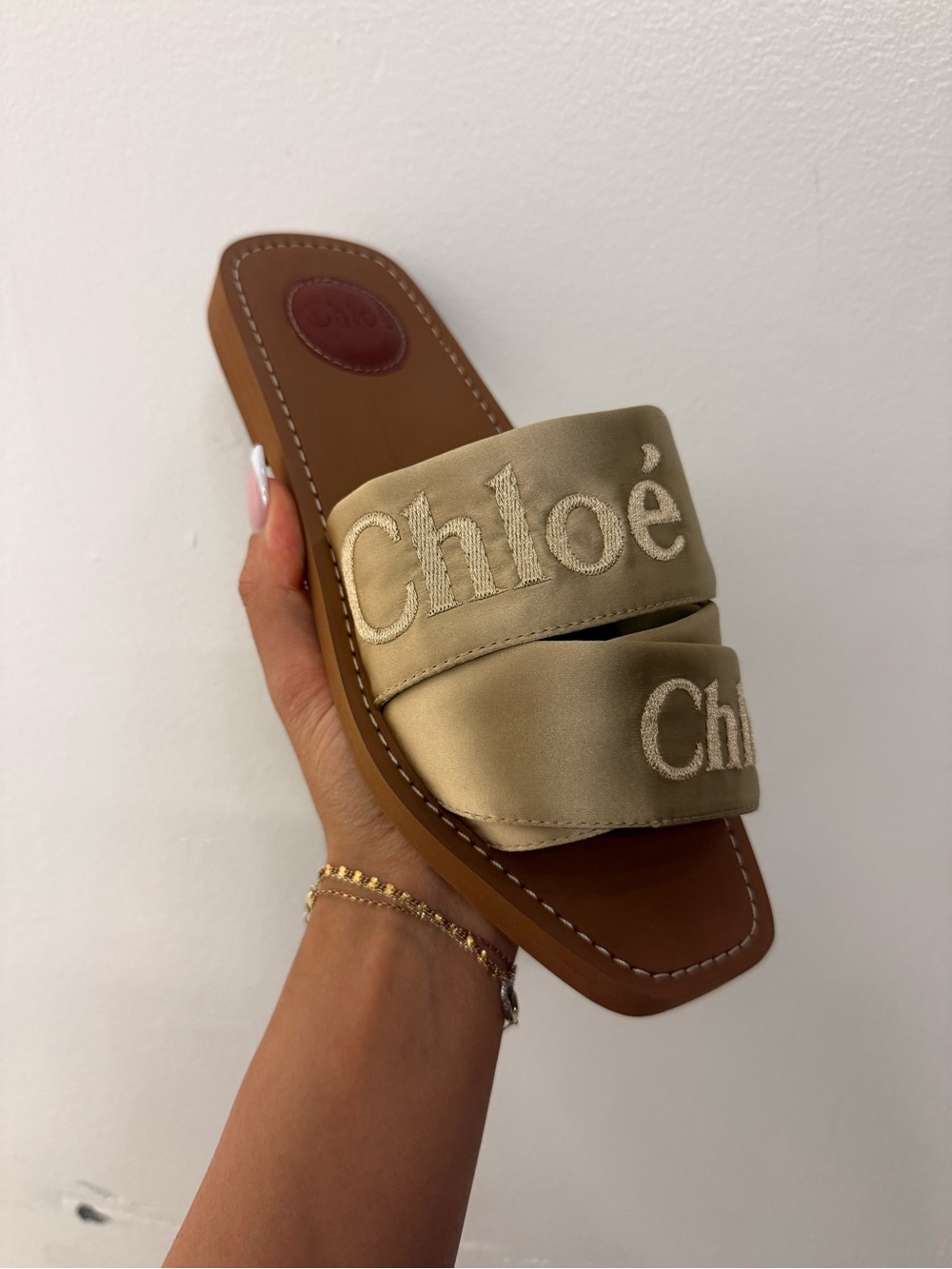 Chloé Gold Satin Double Strap Slide Sandal